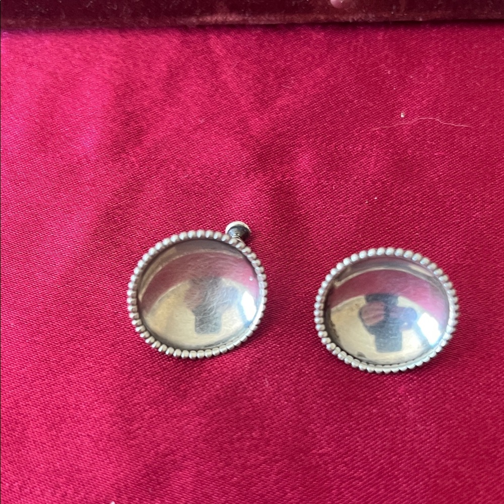 Vintage Solid Silver Concave Round Earrings With … - image 2